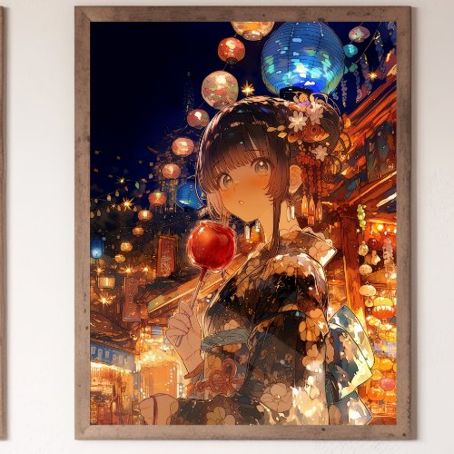 Anime Girl with Candy Apple, Matsuri Yukata Girl Poster