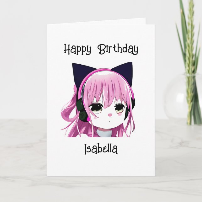 Anime Girl with Cat Ears Birthday Card (Front)