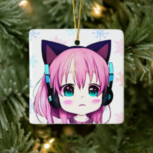 Anime Girl with Cat Ears Headband Christmas Ceramic Ornament
