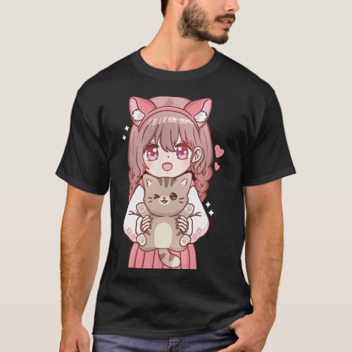 Anime Girl With Cat Kawaii Cat Lover Otaku  T_Shirt