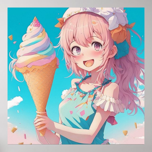 Anime Girl with Cupcake  Whimsical Poster (Front)