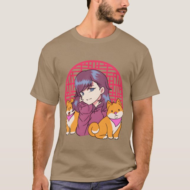 Anime Girl with Dogs funny family T-Shirt (Front)