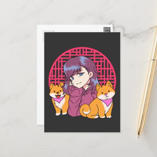 Anime Girl with Dogs Postcard
