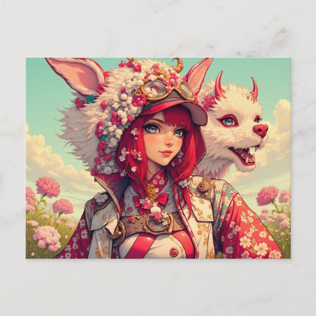 Anime girl with fantasy creature, postcrossing postcard (Front)