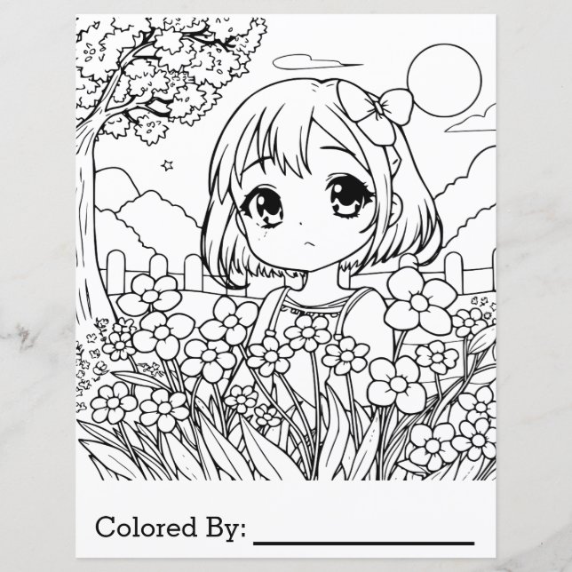Anime Girl with Flowers | Coloring Page (Front)