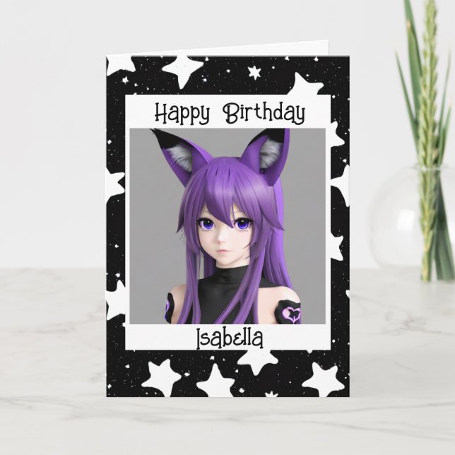 Anime Girl with Fox Ears Birthday Card (Front)