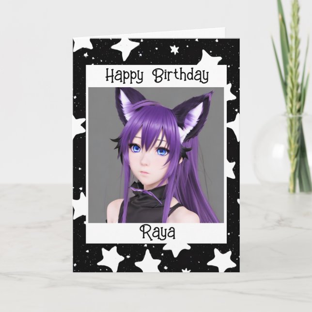Anime Girl with Fox Ears Purple Birthday Card (Front)