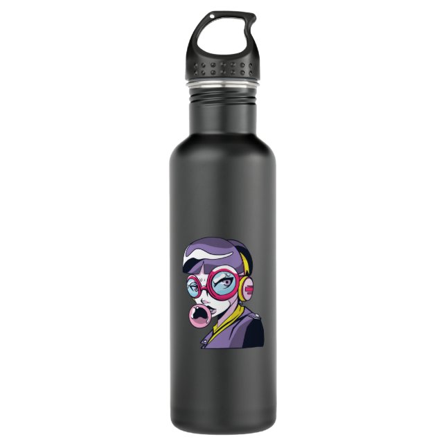 Anime Girl With Glasses Stainless Steel Water Bottle (Front)