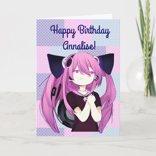 Anime Girl with Headphones Cat Ears Big Birthday  Card