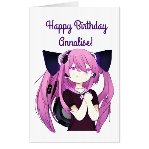 Anime Girl with Headphones Cat Ears Big Birthday  Card