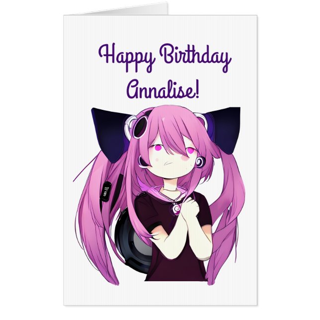 Anime Girl with Headphones Cat Ears Big Birthday  Card (Front)
