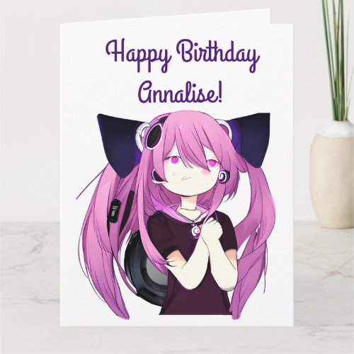 Anime Girl with Headphones Cat Ears Big Birthday  Card