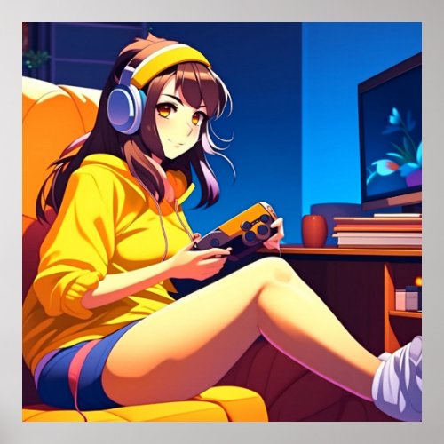 Anime Girl with Headphones Poster