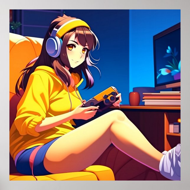 Anime Girl with Headphones Poster (Front)