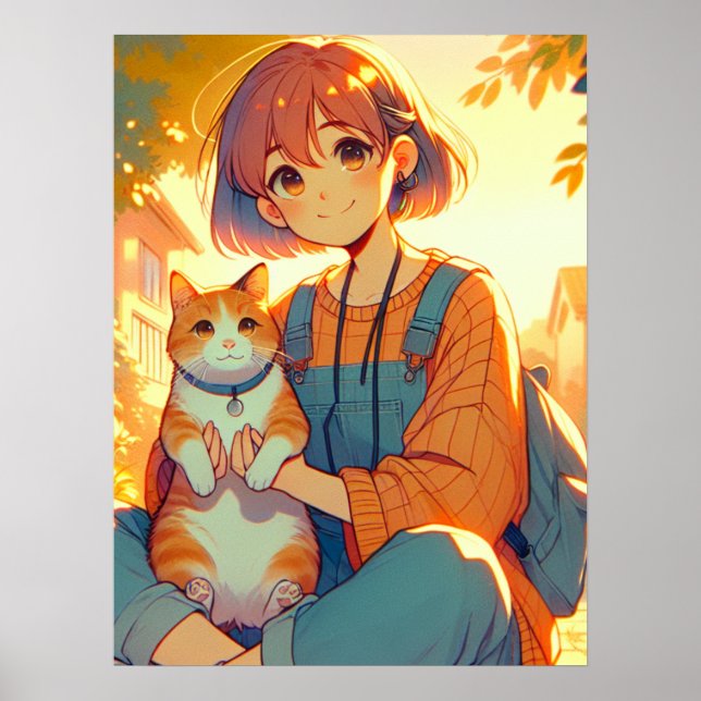 Anime Girl With Her Favorite Cat Poster (Front)