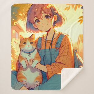 Anime Girl With Her Favorite Cat Sherpa Blanket