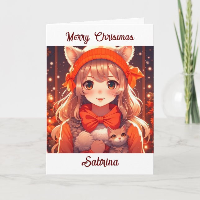 Anime Girl with Kitten Coloring Page Christmas Card (Front)