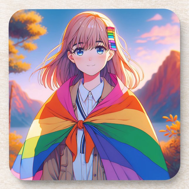 Anime Girl with LGBTQIA+ Cape  Beverage Coaster (Front)