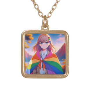 Anime Girl with LGBTQIA+ Cape Gold Plated Necklace