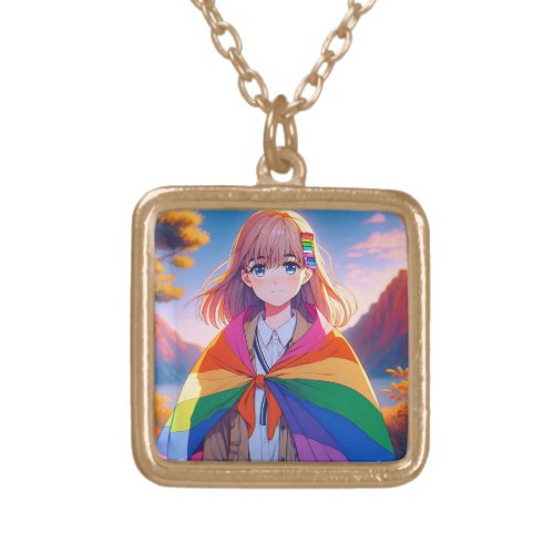 Anime Girl with LGBTQIA Cape   Gold Plated Necklace
