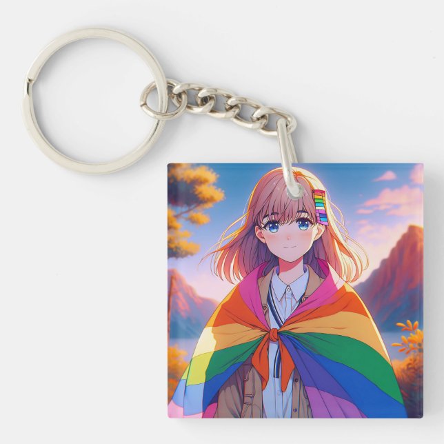 Anime Girl with LGBTQIA+ Cape   Keychain (Front)