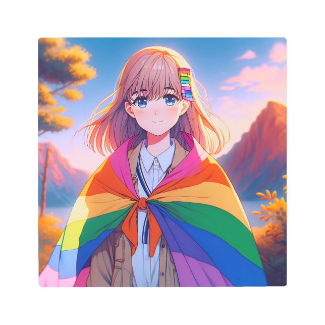 Anime Girl with LGBTQIA+ Cape   Metal Print (Front)