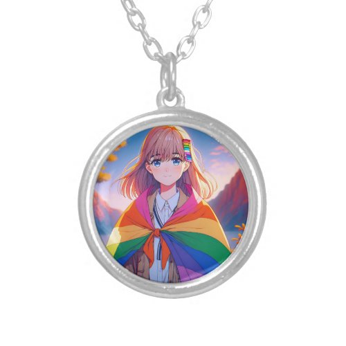 Anime Girl with LGBTQIA Cape Silver Plated Necklace