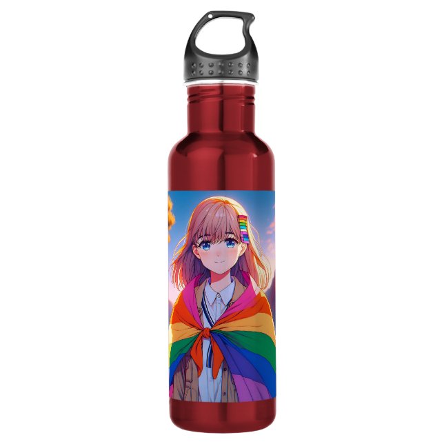 Anime Girl with LGBTQIA+ Cape   Stainless Steel Water Bottle (Front)