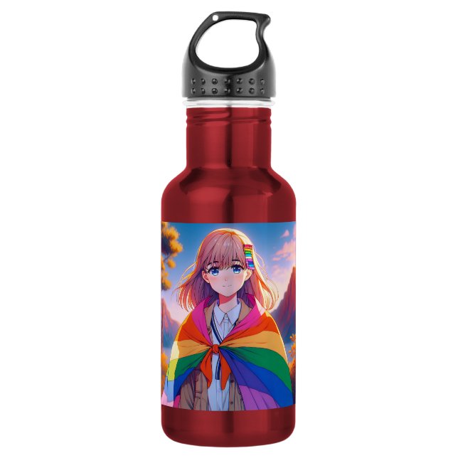 Anime Girl with LGBTQIA+ Cape   Stainless Steel Water Bottle (Front)