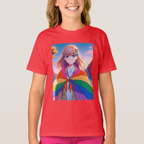 Anime Girl with LGBTQIA Cape   T_Shirt