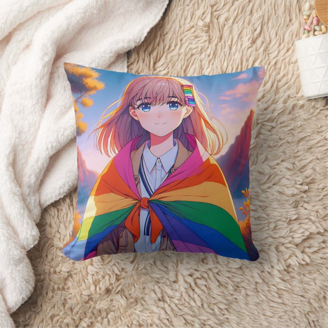 Anime Girl with LGBTQIA+ Cape  Throw Pillow (Blanket)