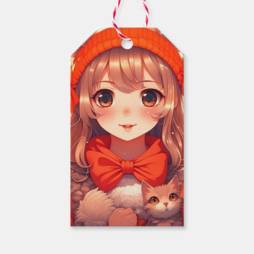 Anime Girl with Orange Kitten Christmas Gift Tags