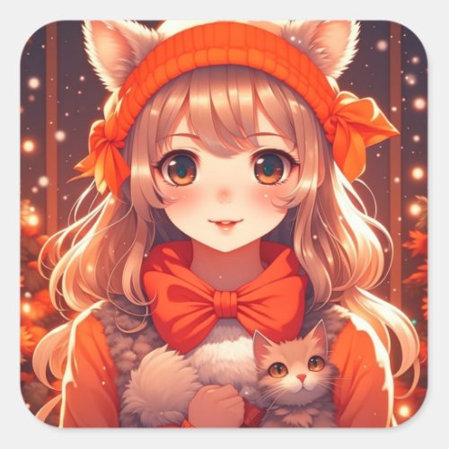 Anime Girl with Orange Kitten Christmas Square Sticker