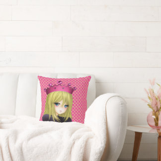 Anime Girl with Pink Crown Throw Pillow