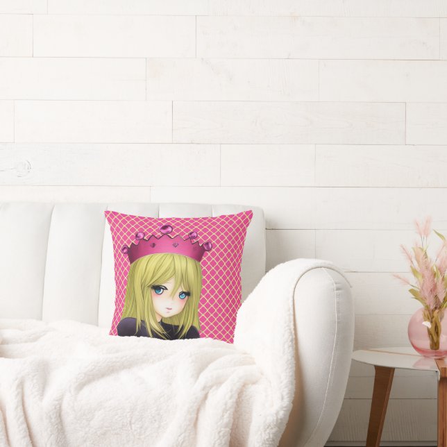 Anime Girl with Pink Crown Throw Pillow (Couch)