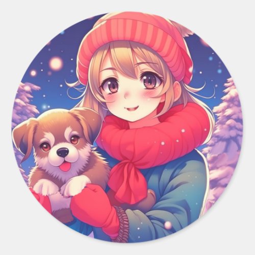 Anime Girl with Puppy Christmas Classic Round Sticker