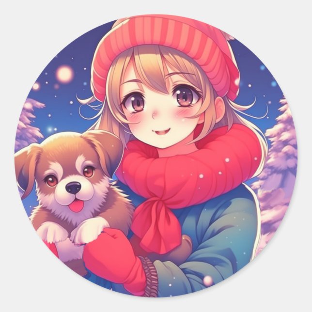 Anime Girl with Puppy Christmas Classic Round Sticker (Front)