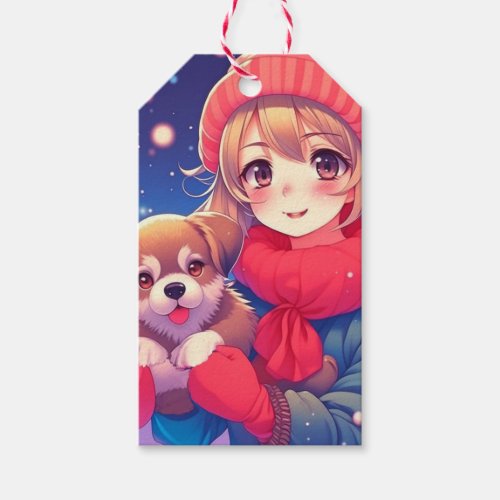 Anime Girl with Puppy Christmas Gift Tags