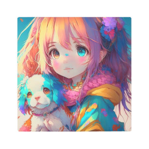 Anime Girl with Puppy Metal Print