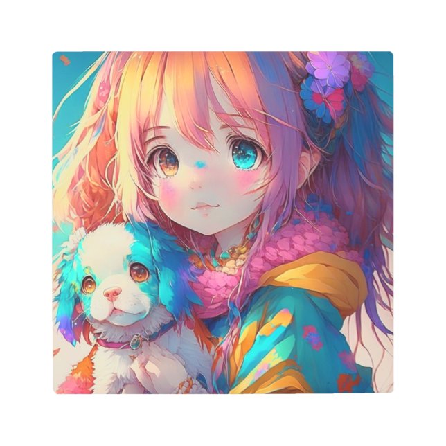 Anime Girl with Puppy Metal Print (Front)