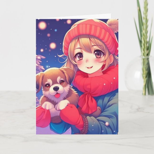 Anime Girl with Puppy Personalized Christmas Holiday Card (Front)