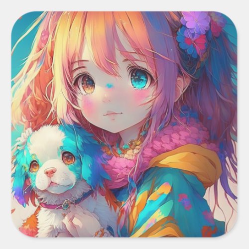 Anime Girl with Puppy Square Sticker