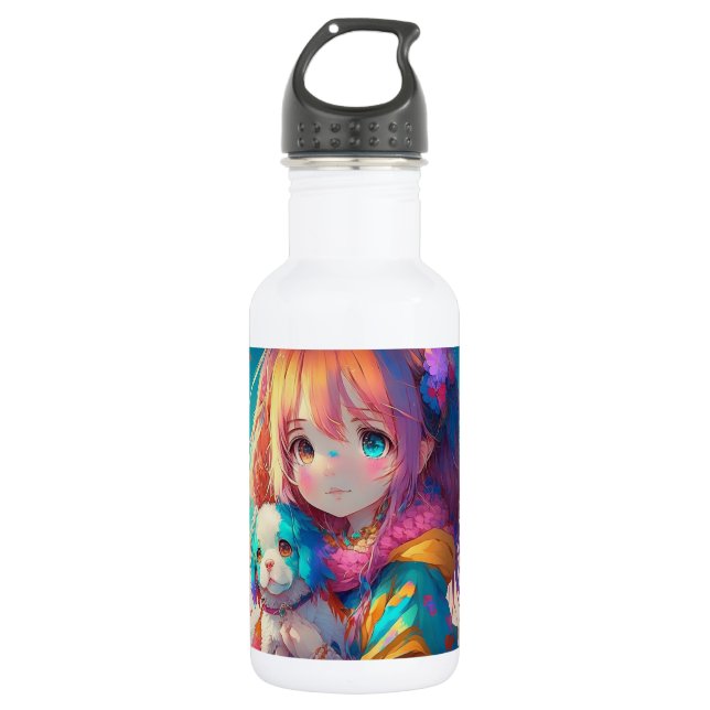Anime Girl with Puppy Stainless Steel Water Bottle (Front)