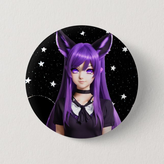 Anime Girl with Purple Hair and Eyes Button (Front)