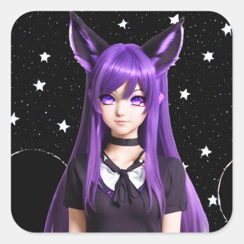 Anime Girl with Purple Hair and Eyes Square Sticker