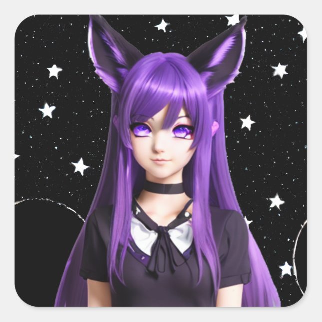 Anime Girl with Purple Hair and Eyes Square Sticker (Front)