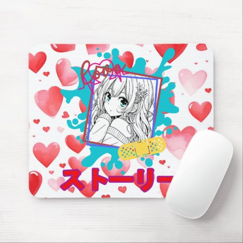 Anime girl with red hearts and white color  mouse pad