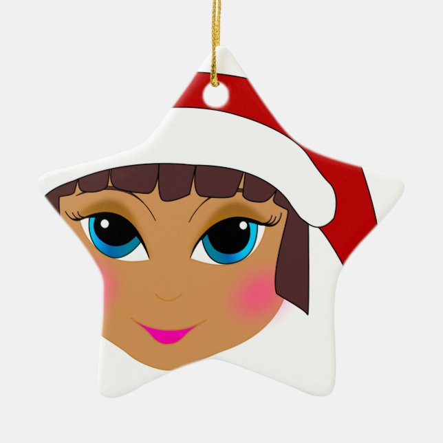 Anime Girl with Santa's Hat Ceramic Ornament (Front)
