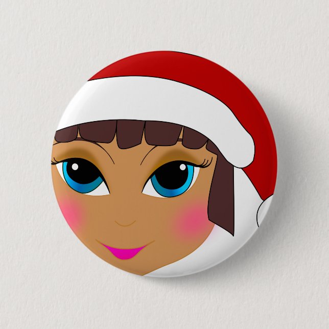 Anime Girl with Santa's Hat Pinback Button (Front)