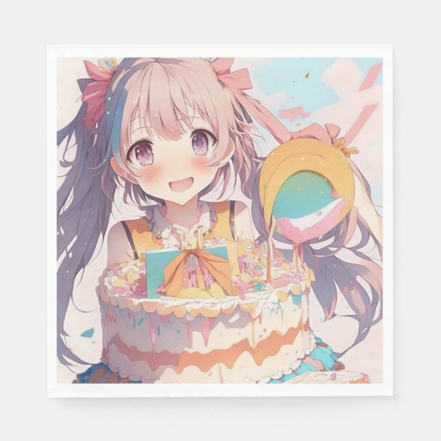  Anime Girl with Whimsical Birthday Napkins (Front)